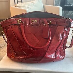Coach Madison Diagonal Pleated Patent Leather Lindsey Satchel in Punch Red